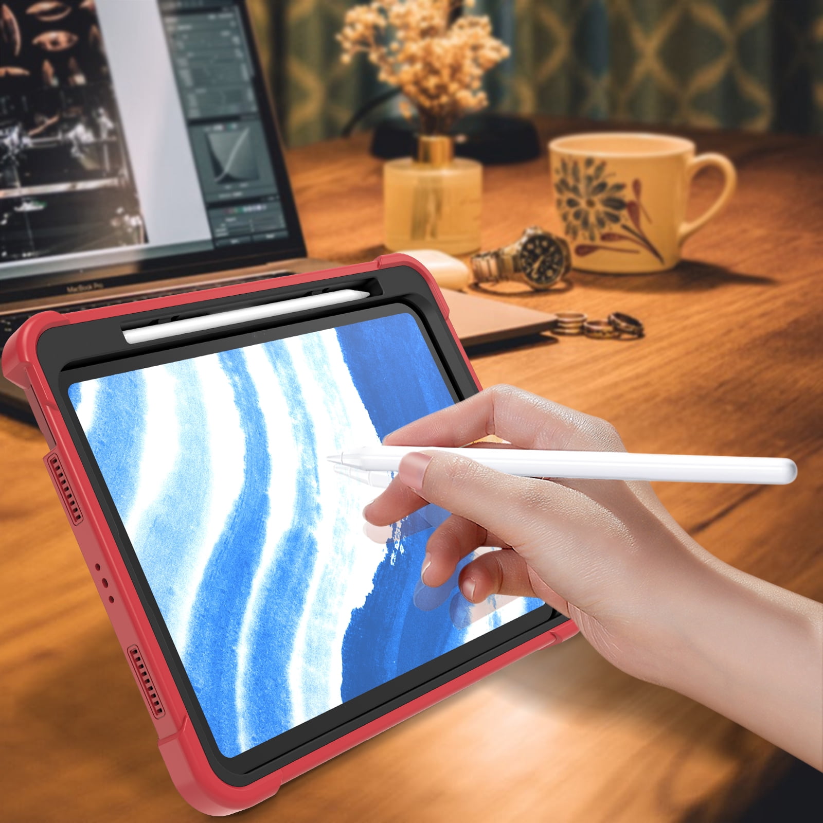 Allytechgroup Rugged Case for Apple iPad Air 11 M4 M3 M2 2026 2025 2024, Dual-Layers Kickstand Anti-Scratch Bumper With Pencil Holder Lightweight Kids Friendly Case Cover for iPad Air 11", Red