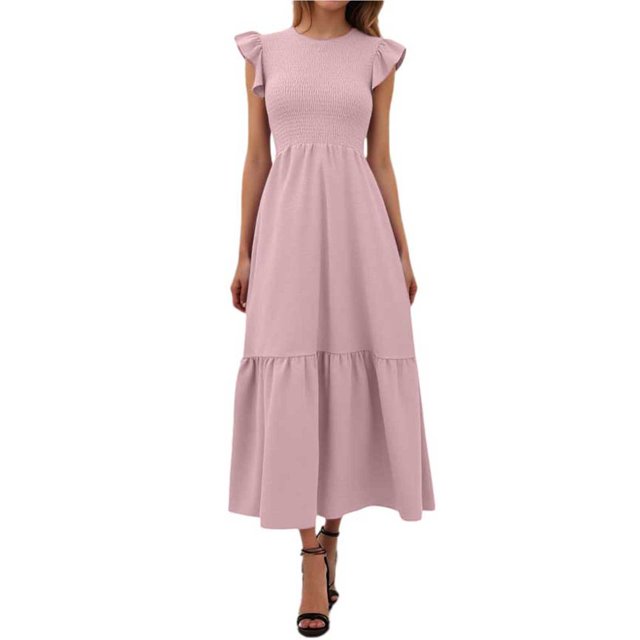 Vestido largo con mangas con volantes y pliegues para mujer - Extralargo informal con bolsillos