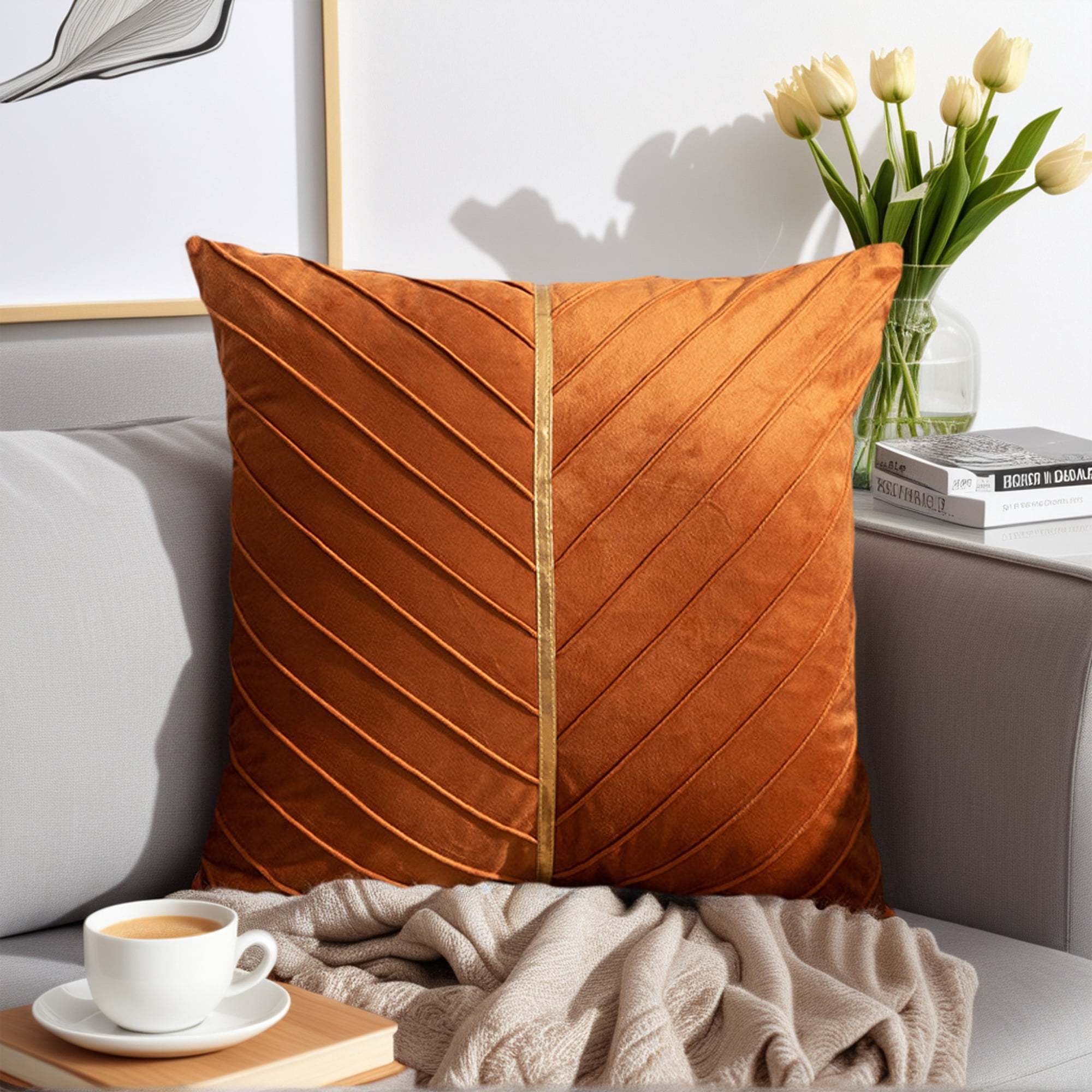 Unique Bargains Velvet Throw Pillow Cover with Gold Striped Cushion Orange 18" x 18"