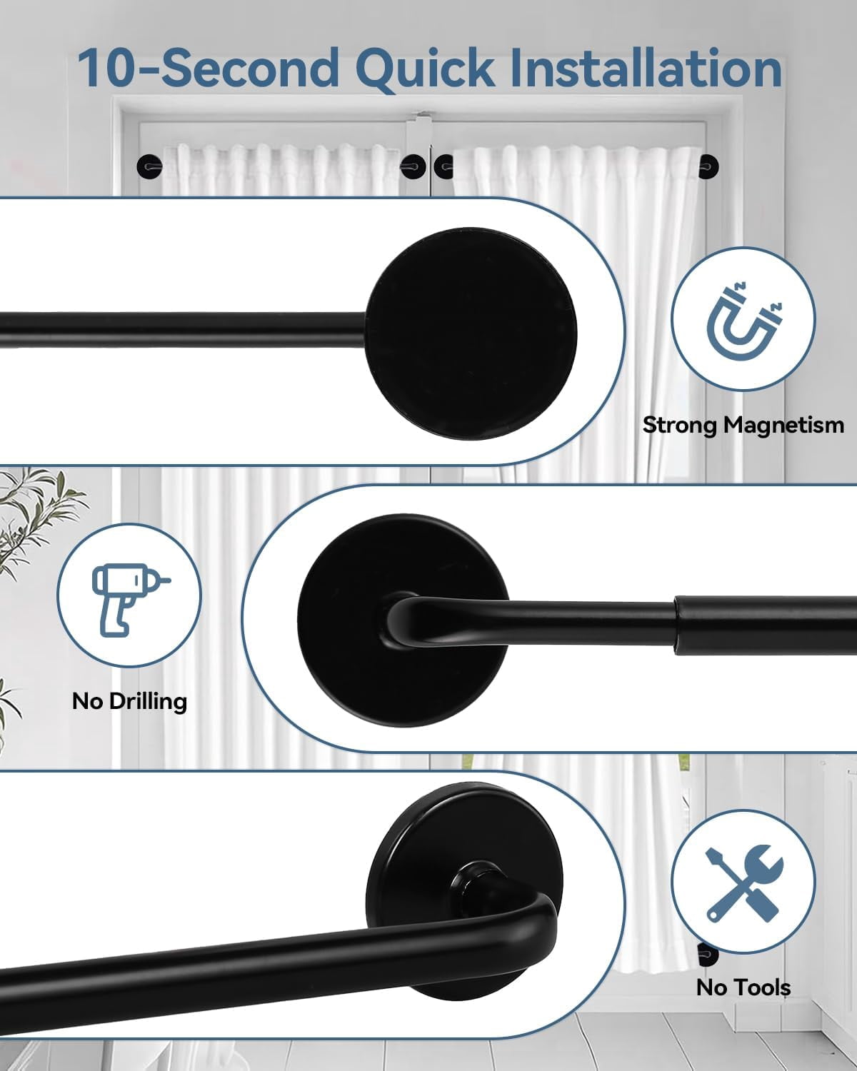 WarmHaven 2 Pack Magnetic Curtain Rod for Metal Doors, French Door Curtain Rods Adjustable from 17 to 30 Inch, 3/8 Inch Diameter, Magnetic Cafe Curtains Rod, No Tool and Easy Installation, Black