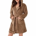 thumbnail image 2 of Fairnull Long Sleeve Pockets Waist Lace-up Solid Color Winter Pajamas Winter Warm Hooded Fleece Short Bathrobe, 2 of 8