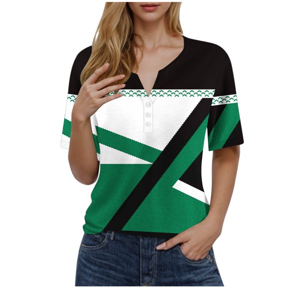 VERUGU Shirts for Women Fashion Printed Short Sleeve Blouse Round Neck Casual Tops Green L