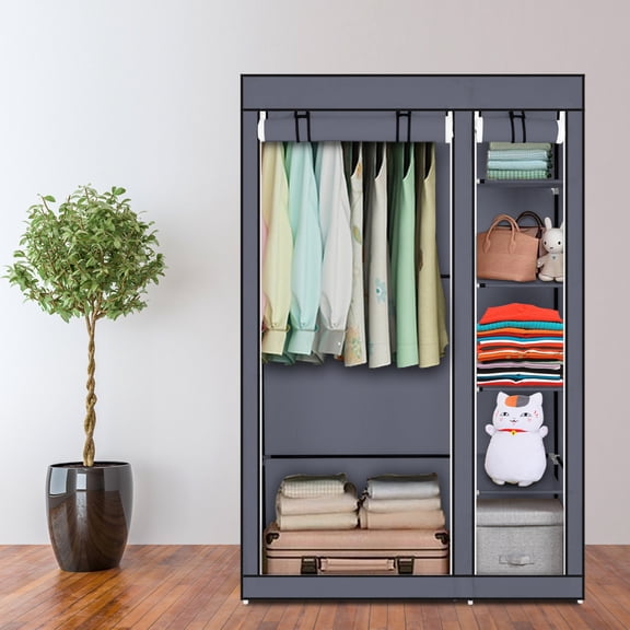 Cfowner 67" Portable Clothes Closet Wardrobe with Non-woven Fabric and Hanging Rod Quick and Easy to Assemble Gray
