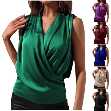 CFLVAEK Womens Wrap Tank Tops Satin V Neck Dressy Casual Tanks Elegant Sleeveless Pleated Shirts Solid Color Office Business Top Black XL