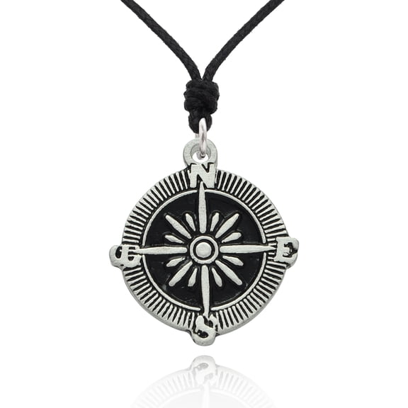 Compass Silver Pewter Charm Necklace Pendant Jewelry With Cotton Cord