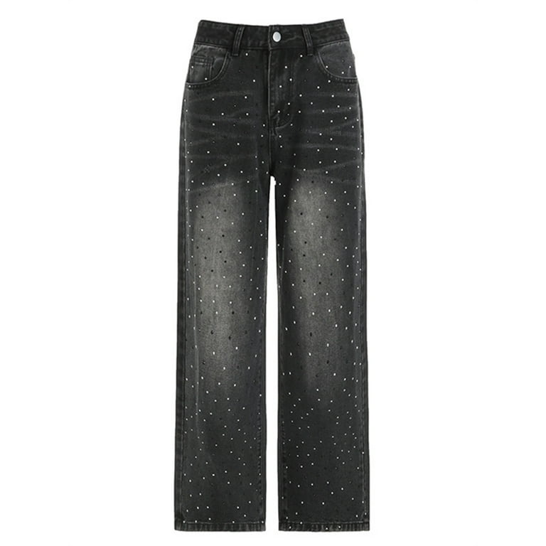 Y2K Rhinestone Black Jeans Women Vintage 90s Diamond Baggy Denim Pants Oversized Harajuku Streetwear Wide Leg Trousers Y2K Rhinestone Black Jeans Women Vintage 90s Diamond Baggy Denim Pants Oversized Harajuku Streetwear Wide Leg Trousers