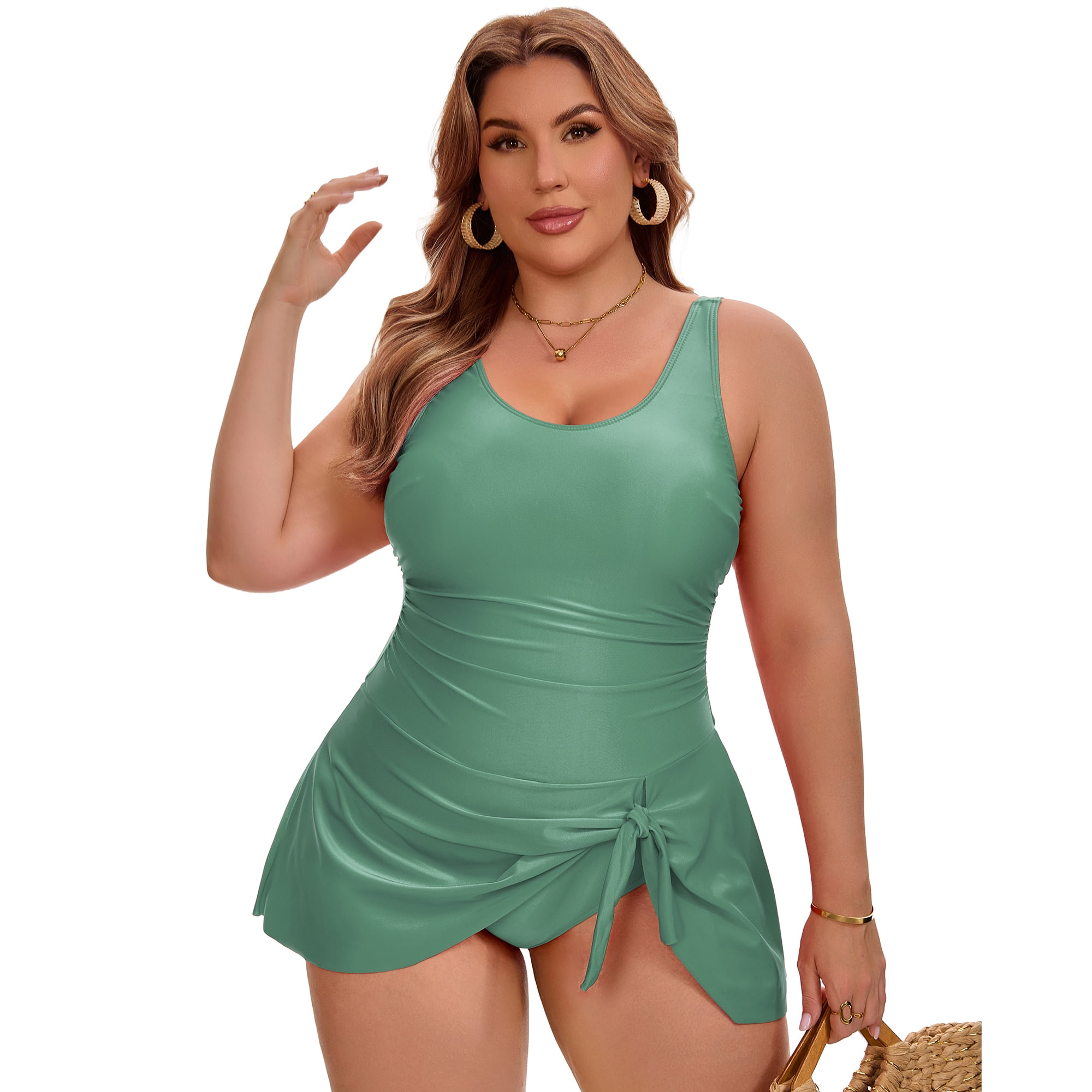 DARING DIVA Women's Plus Tummy Control Beach Vacation Swimdress L Army Green