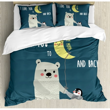 I Love You Duvet Cover Set, Teddy Bear and Penguin Best Friends Arctic Lovers under Moon Cartoon, Decorative Bedding Set with Pillow Shams, Slate Blue Grey Yellow, by