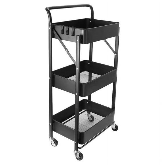 Pemberly Row 3-Tier Metal Storage Utility Rolling Cart with Foldable in Black
