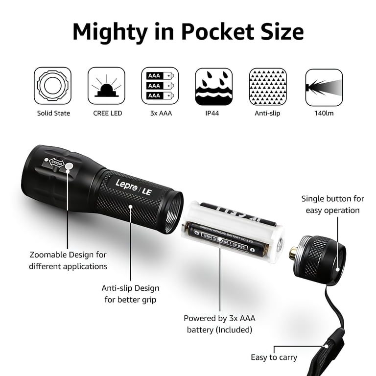 Lepro, LED Flashlight, Waterproof, 1200012 Mini Tactical Torch