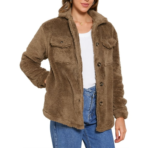 DARING DIVA Women's Fuzzy Teddy Pockets Button Down Faux Fur Coats XS Brown