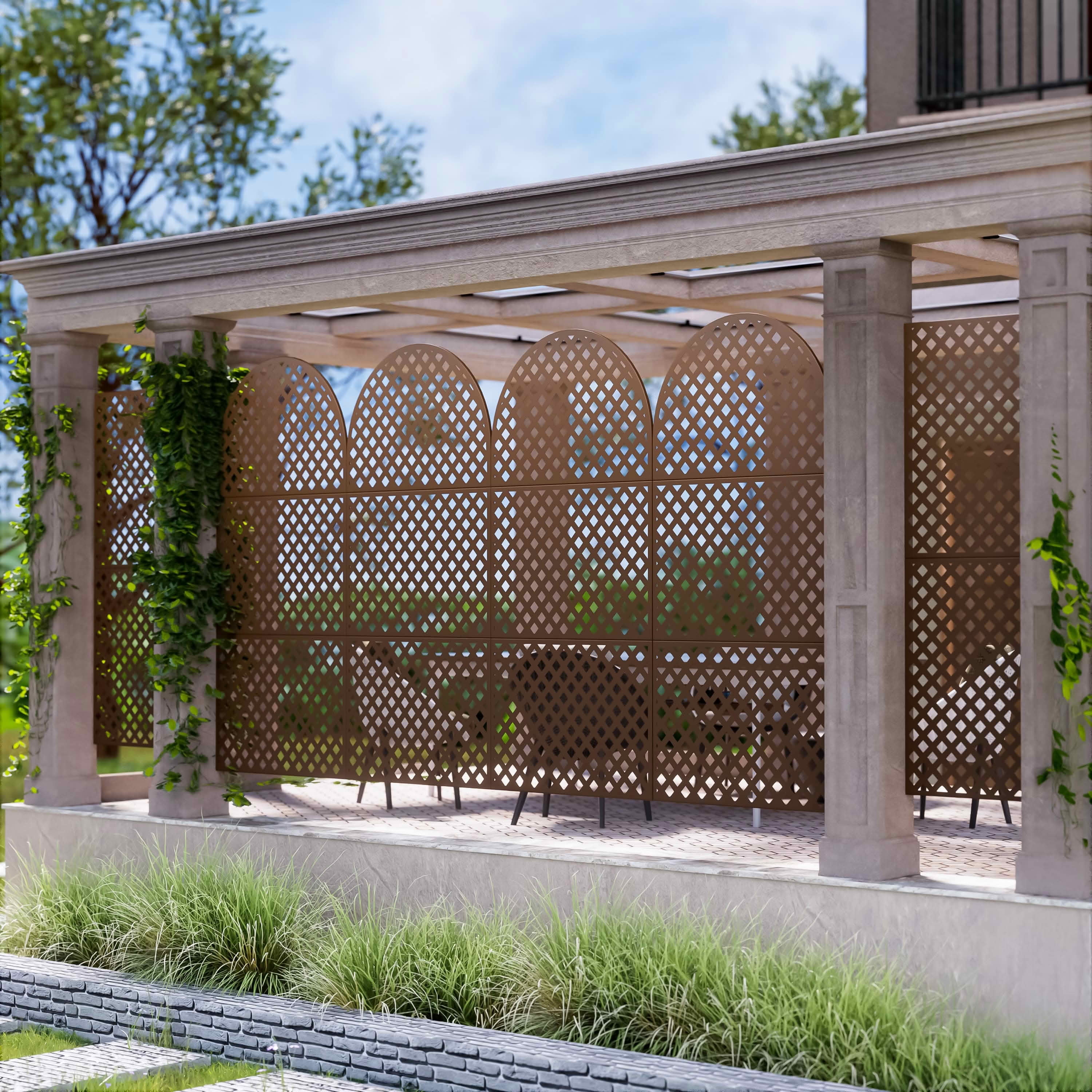 MAYEERTY 72x35x16 Inch Brown Diamond Arched Galvanized Steel Privacy Screen, 3 Piece Set for Outdoor Garden