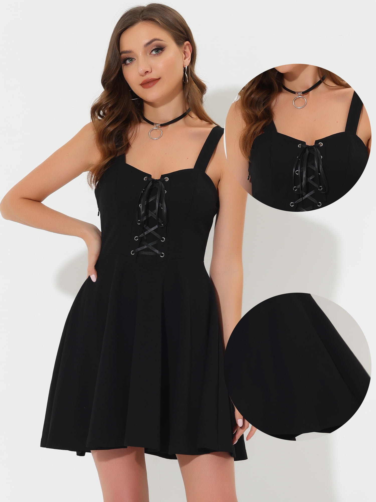 DARING DIVA Wide Strap Lace-up Sleeveless Cami Fit & Flare Dress L Black