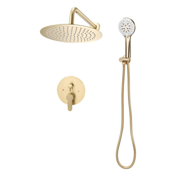 KFFKFF Shower Faucet Set, Rainfall Bathroom Shower System with 10-Inch Round Rain Shower Head and Handheld Spray, Wall Mounted Bath Fixtures with Brass Valve and Trim Kit, Brushed Gold