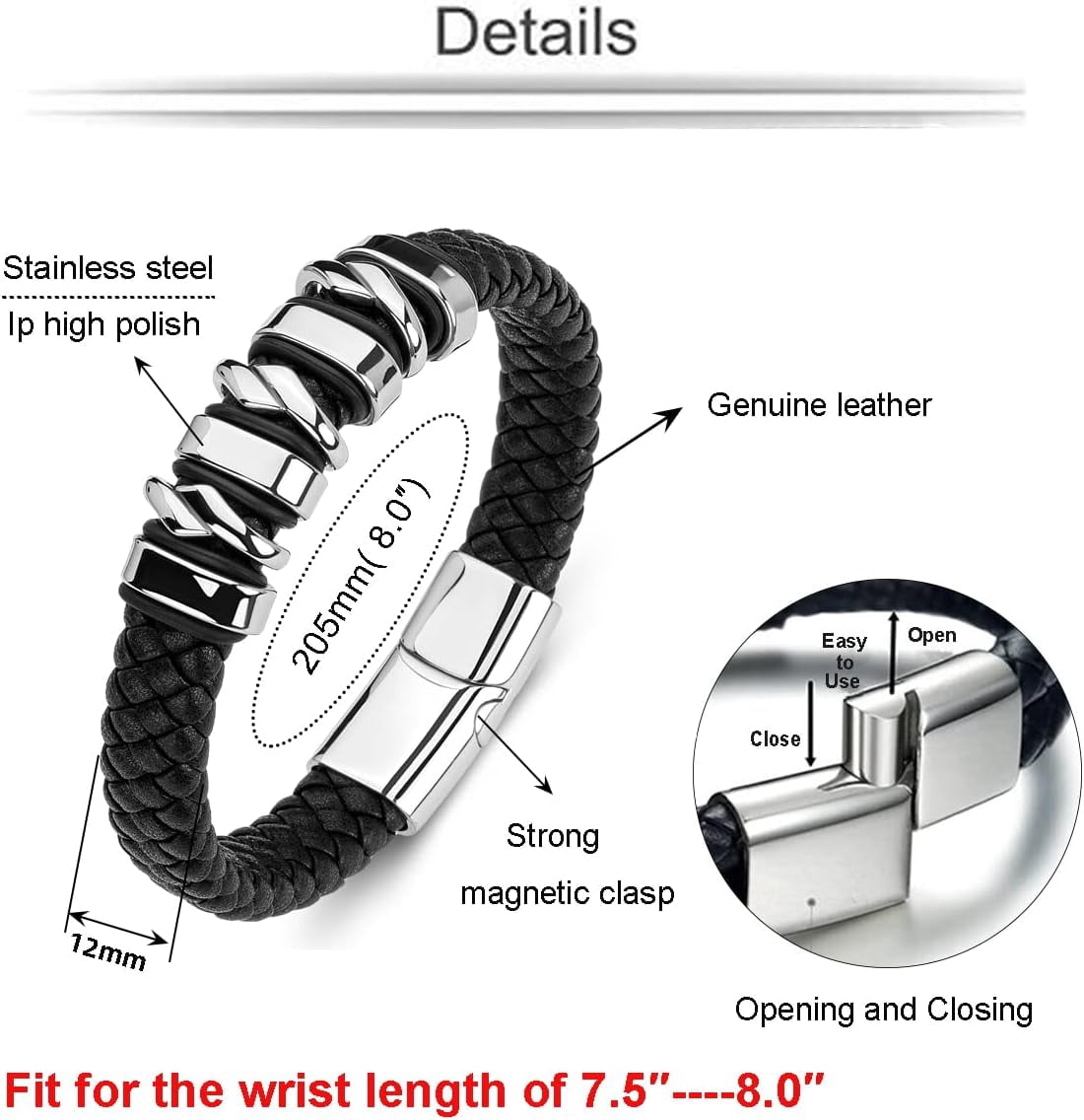 Leather Bracelet for Men Braided Cuff Wristband Stainless Steel Clasp in Silver and Gold Jewellery Gift