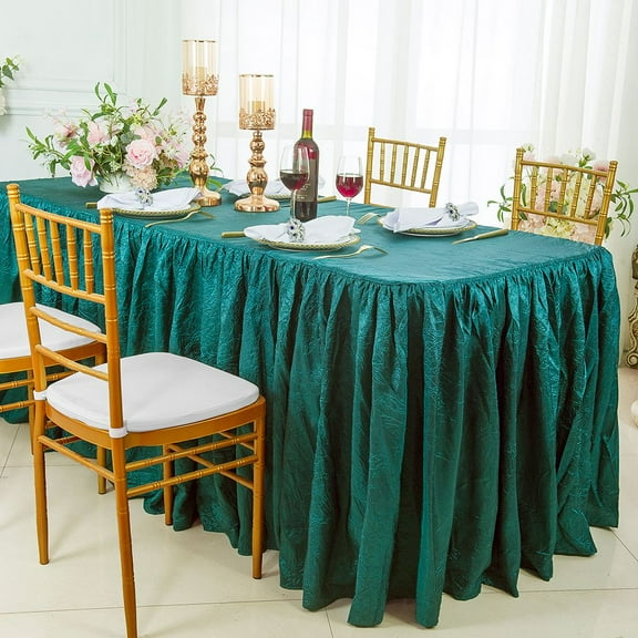 Wedding Linens Inc. 8' (96"x30") Rectangular Ruffled Fitted Crushed Crinkle Taffeta Tablecloth With Skirt - Oasis