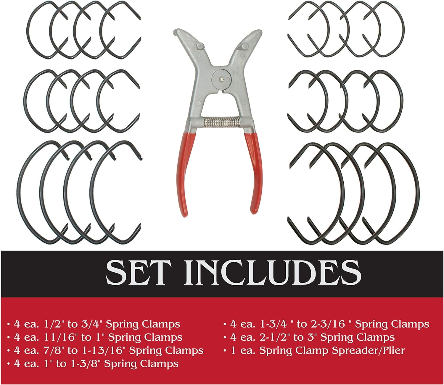 Spring Miter Clamp 25 Piece Set with 24 Assorted Size Spring Clamps and 1 Easy to Load Spring Tensioned Pliers for Woodworking Frames, Moulding & 45 Degree Corner Clamping