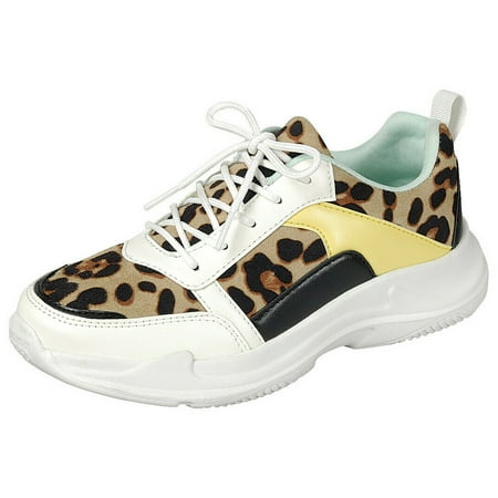

Women Fashion Low Top Sneakers With Leopard Pattern Lace Up Shoes White