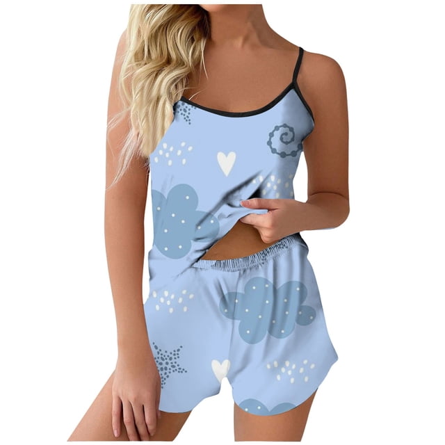 Fgnfyis Ensemble de Pyjama d'Été pour Femmes et Pantalon de Pyjama, Ensembles de Pyjama pour Femmes 2 Pcs Bleu Pâle TTG