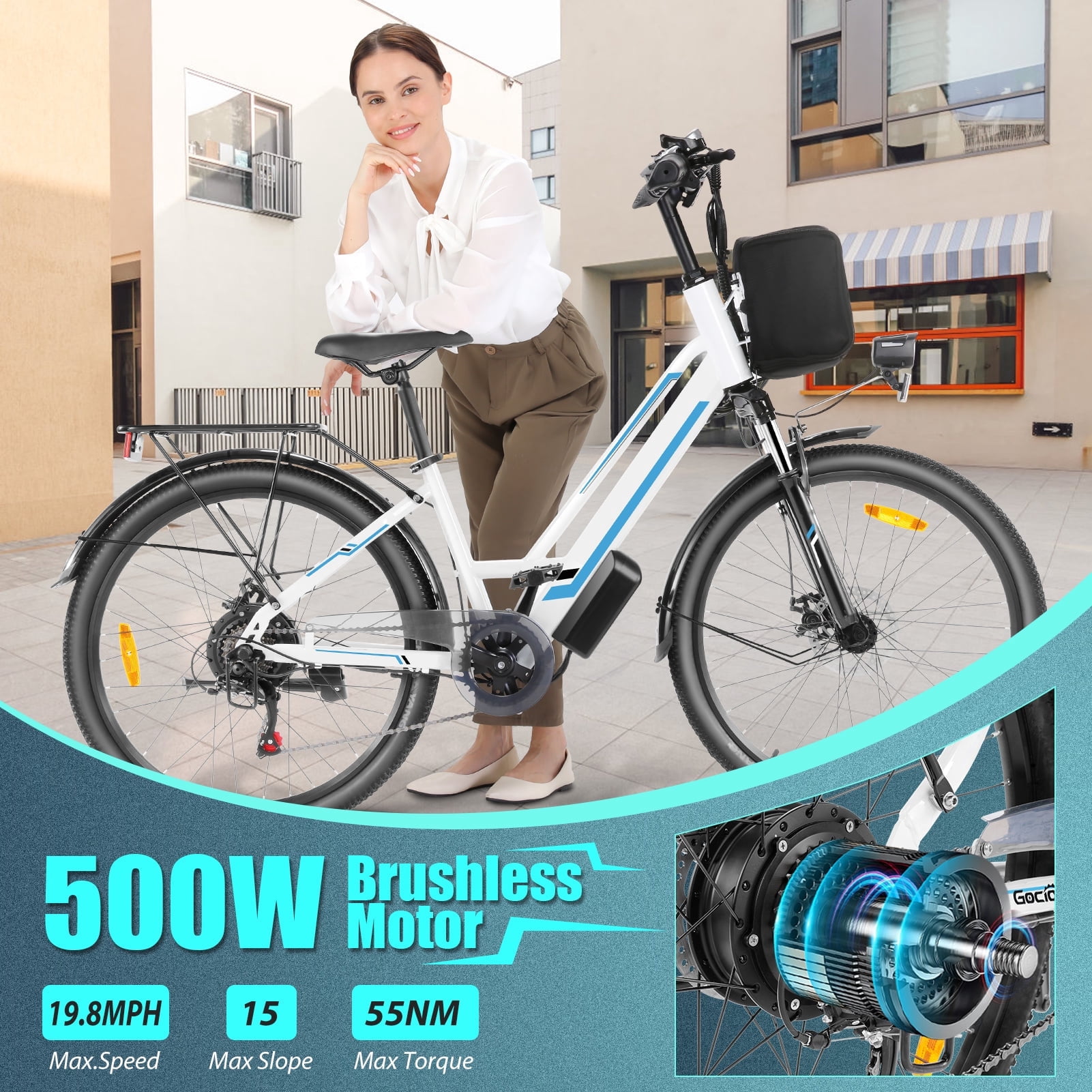 Elifine 500W Electric Bike for Adults, 26" Commuter Electric Bicycle 19.8mph City Ebike with 5 Riding Modes, 48V 7.8Ah Removable Battery UL 2849, LCD Intelligent Display Hybrid Electric Bike White