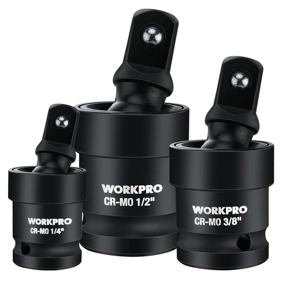 WORKPRO Impact Universal Joint Set 3 Pc, 1/2" 3/8" 1/4" Drive Swivel Socket Adapter Set, CR-MO Steel Impact Grade 360° Rotation for Tight Angled Access