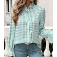 thumbnail image 2 of SWSMCLT Women's Plaid Button Up Shirt Cute V Neck Ruffle Top Fall 2024 Fashion Blouses Bishop Sleeve Shirts Long Sleeve Soft Casual Elegant Date Night Spring Light Green X-Large, 2 of 5