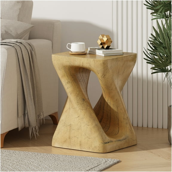 JERFIT Modern Twisted Spiral Accent Table, Natural Wood Look MGO Side Table for Indoor Outdoor Patio Garden, No Assembly End Table with Hollow Design, 17 Inch Small Cocktail Table