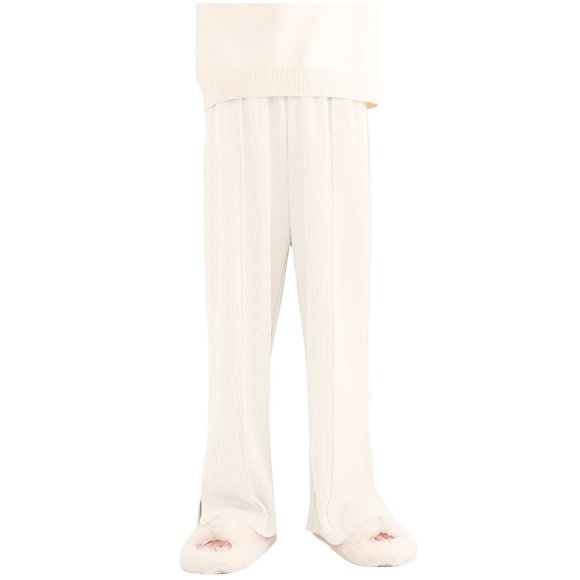 Girls Cotton Pants Side Split Casual Trousers 6-12 Years Old, Solid Cozy Elastic Waist Full Length Straight Leg Pant (7 Years, Beige)