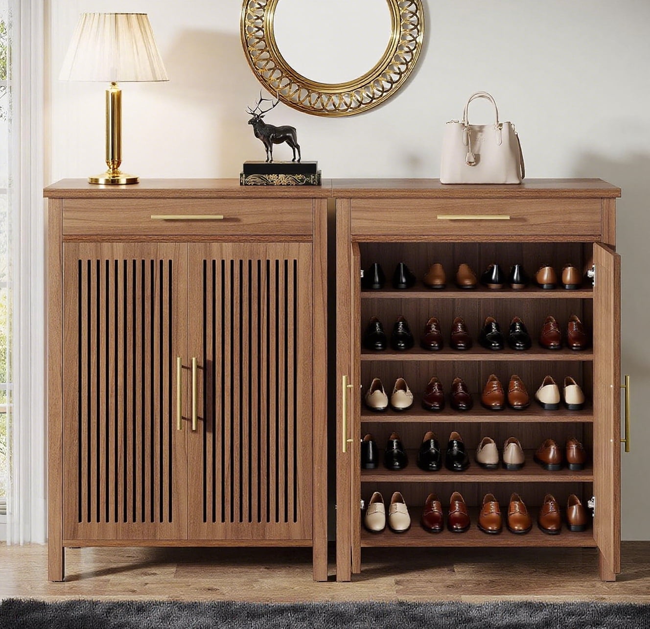 5-Tier Shoe Cabinet with Louvered Doors & Drawer, Freestanding Wooden Shoe Rack Organizer with Adjustable Shelves for Entryway, Hallway, Closet