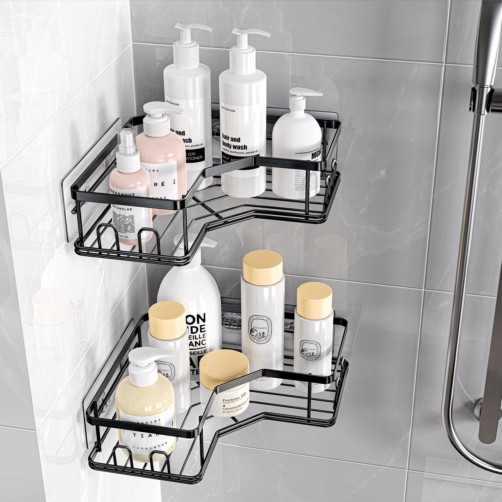 MAXIFFE Shower Caddy, Adhesive Stainless Steel Shower Organizer Shower  Rack, Corner Shower Caddy with 8 Hooks, Shower Shelves Storage Bathroom