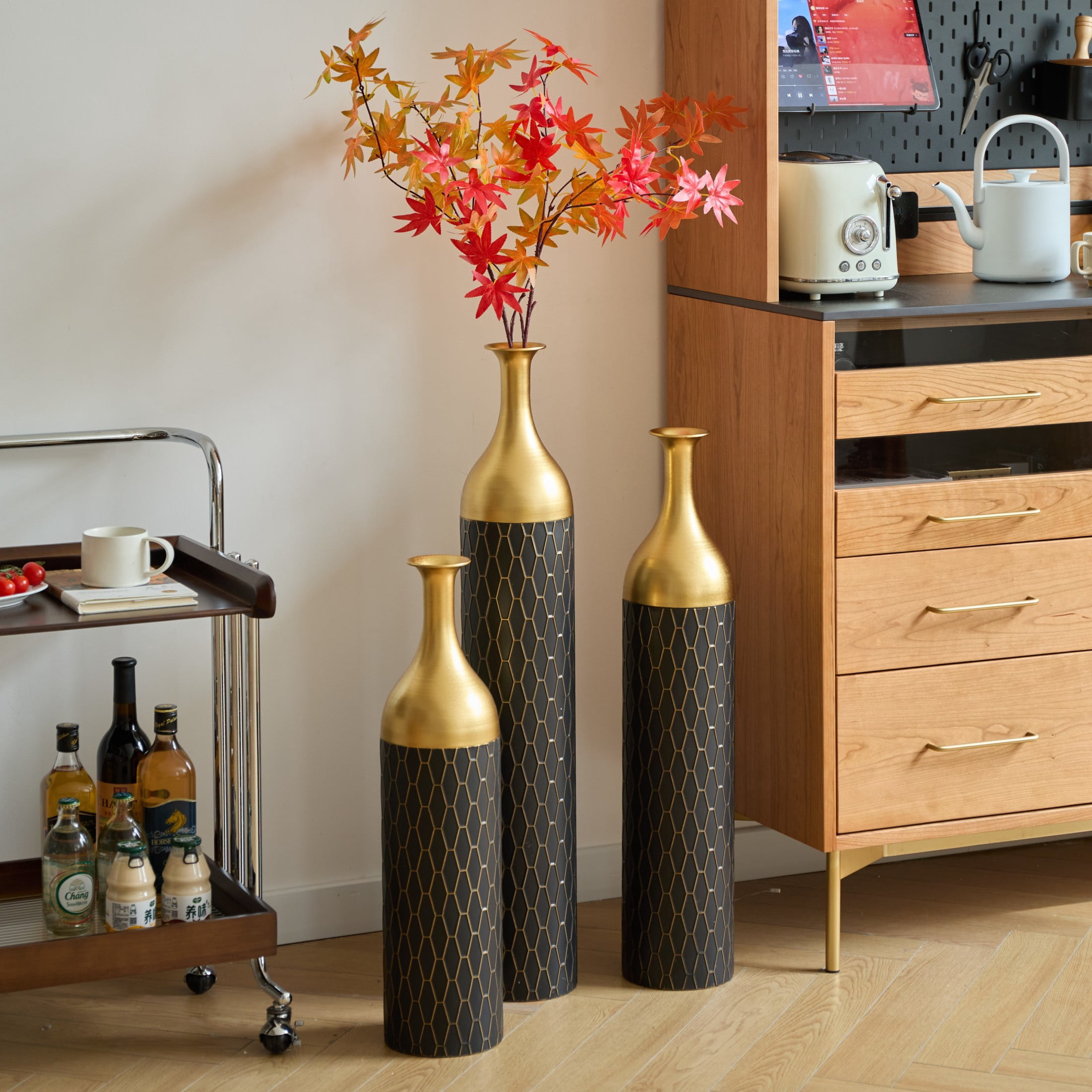 Noble House 34.25", 30.31", 24.8" Honeycomb Pattern Vase Set, 3-Piece Decorative Floor Vases, Black+Gold