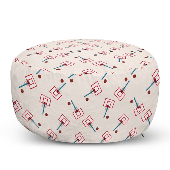 Basketball Pouf Cover with Zipper, School Basketball Court Cartoon Style Collage Competition Sports, Soft Decorative Fabric Unstuffed Case, 30" W X 17.3" L, Blue Vermilion and Brown, by Ambesonne