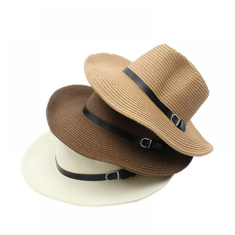 Buy Lanzom Men Wide Brim Straw Foldable Roll up Hat Fedora Summer Beach Sun  Hat UPF50+ (Style B-Khaki, One Size) at