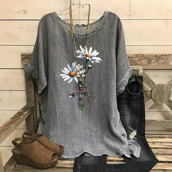 Summer Tops Viikei Womens Tops Short Sleeve Casual,Blouse for Women Dressy Casual,Women's Fashion Print Tees Casual Crew Neck Raglan Short Sleeve Loose T Shirt Linen Blouses Gray S