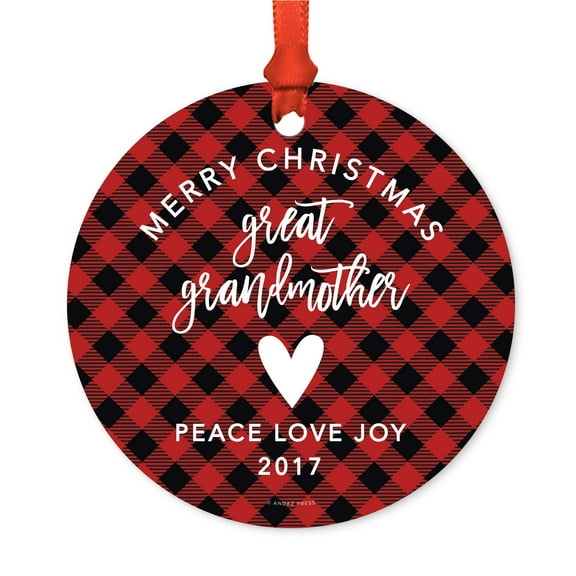 Family Metal Christmas Ornament, Merry Christmas Great Grandmother 2017, Red Plaid, Includes Ribbon and Gift Bag