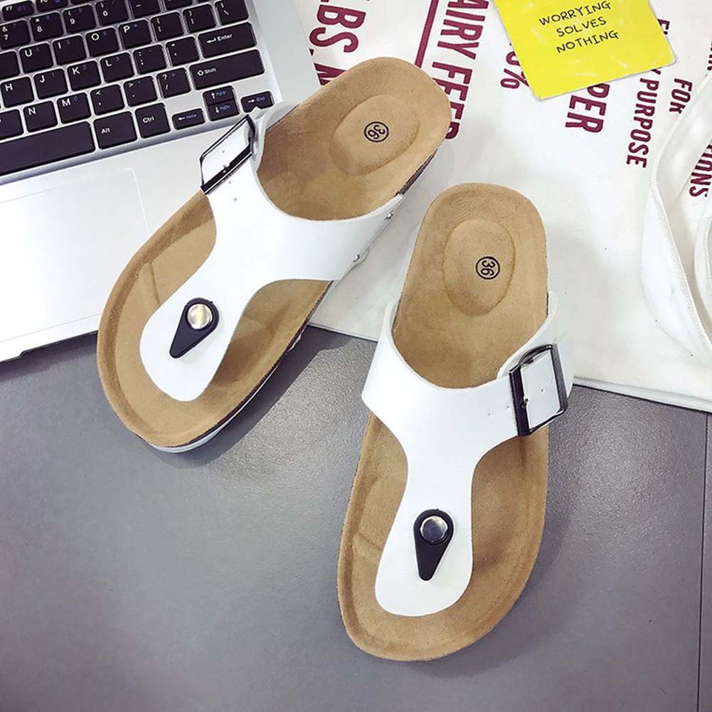 Kepooman Women' s Summer Casual Flip Flop with Adjustable Buckle, Ladies Flat Cork Sandals Open Toe Slide Shoe for Travel Beach, White, US-7