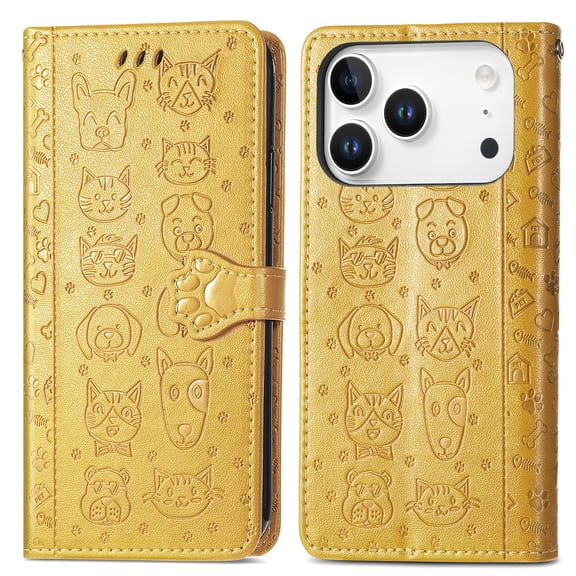 Allytechgroup Flip Wallet Case [Cat & Dog Cute Embossed Pattern] for iPhone 17 Pro Max with Card Slots Cash Holder, Magnetic Clasp Shockproof Kickstand Cover with Hand Strap, Yellow