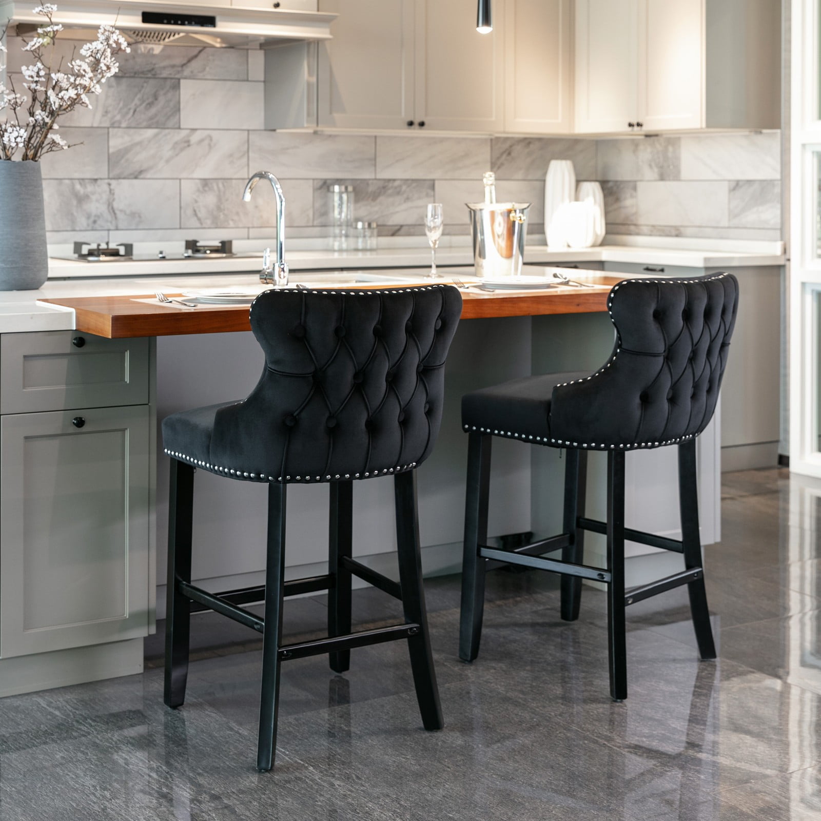 Velvet Counter Height Upholstered Barstools, Bar Stools Seat Height 27", Counter Height Armless Bar Chairs Button Tufted with Solid Wood Legs and Footrest for Kitchen Island Bar Area (Set of 2)