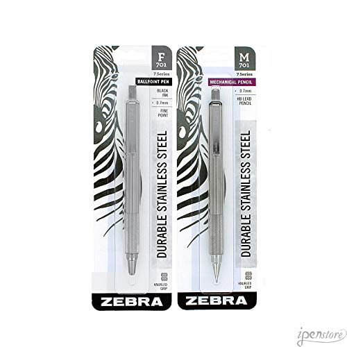 Zebra F-701/M-701 Mechanical Pencil Set, Stainless Steel with Knurled Grip, 0.7mm