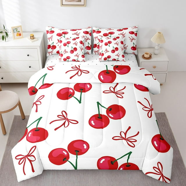 Manfei Ensemble de Literie 7 Pcs avec Nœud et Cerises, Ensemble de Literie Rouge et Blanc Format Grand Super Douillet, Ensembles de Draps Princesse de Rêve Format Grand, Décoration de Chambre Respirante avec Dessins Animés, Réversible