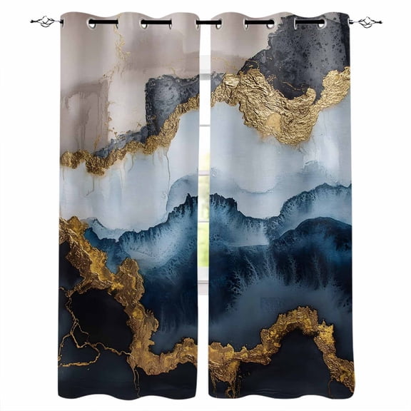 Navy Blue Brown Blackout Curtains for Bedroom/Living Room, Thermal Insulated Kitchen Curtains, Luxury Modern Art Abstract Grommet Darkening Window Treatment Drapes 42"x84"x2