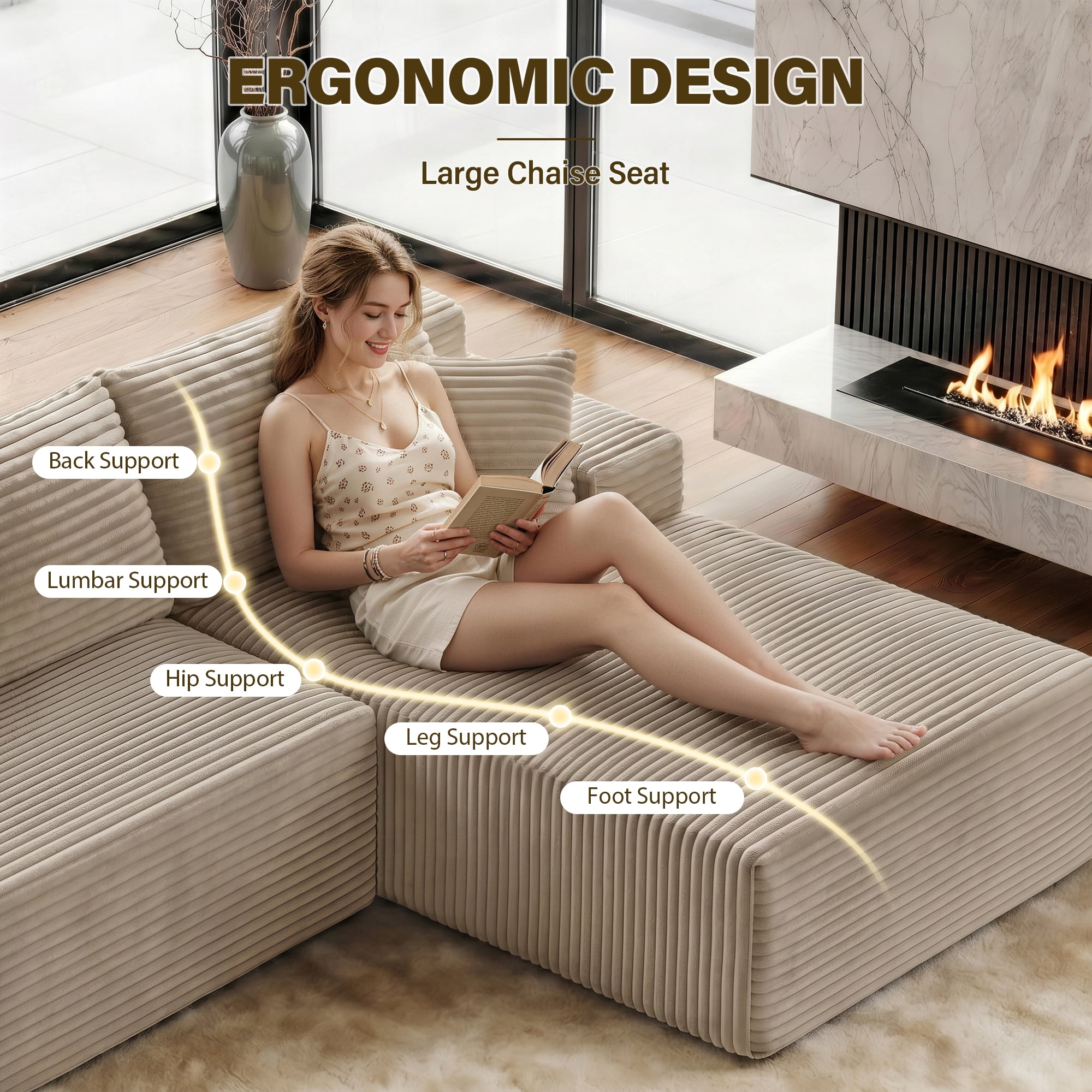 Aukfa 96" Cloud Sectional Couch, Modular L Shaped Boneless Sofa with Right Facing Chaise&2 Storage Pockets, Camel