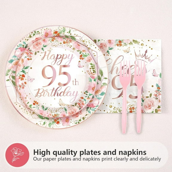 YUYAN-96Pcs 95th Birthday Decorations for Women Floral 95th Birthday Party Plates and Napkins Disposable Rose Gold 95 Fabulous Tableware Set for Women 95 Years Old Party Supplies, Serves 24