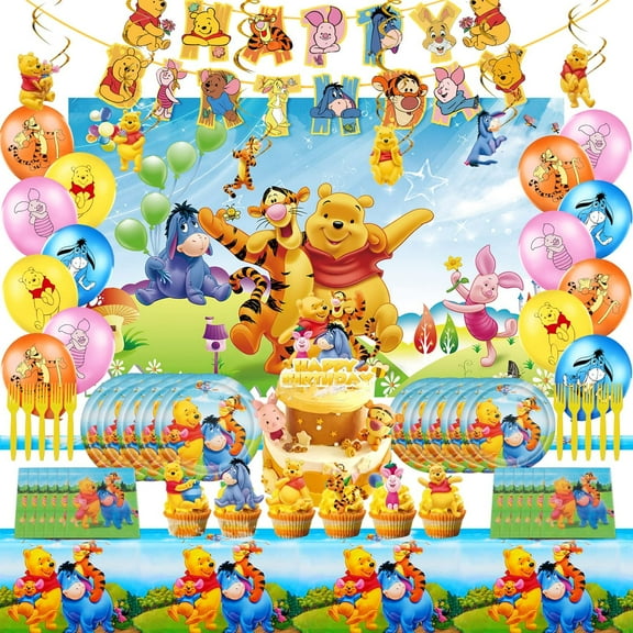 100pcs Winnie the Pooh Theme Party Supplies - Cartoon Anime Winnie the Pooh party decorations, including banners, balloons, cake toppers, etc. Perfect birthday party decorations for boys and girls