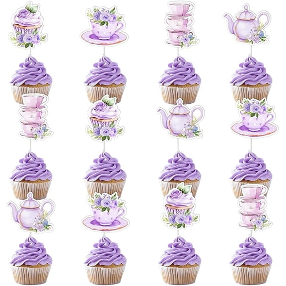 Tea Party Decorations Purple, 24pcs Afternoon Tea Party Theme Cupcake Toppers Double-sided Printing Cake Decorations for Floral Tea Themed Birthday Baby Shower Party Supplies Girl Woman