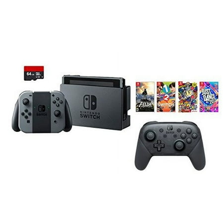 Nintendo Swtich 7 items Bundle:Nintendo Switch 32GB Console Gray Joy-con,64GB Sd Card Nintendo Switch Pro Wireless Controller,4 Game Disc1-2-Switch Just Dance2017 The Legend of Zelda Super Bomberman R