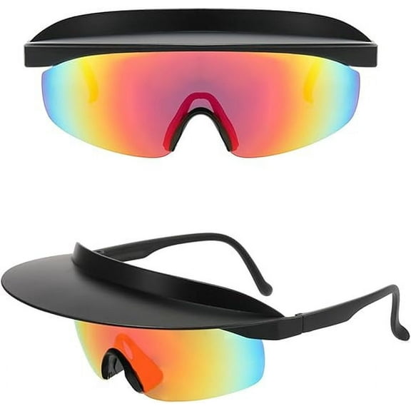 Retro Visor Sunglasses with Rainbow Mirror Lens, 78mm Wide Frame, Unisex Design Black Red Film