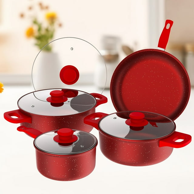 Bamboohart Induction Cookware Set 13 Pieces Washable Brush Resistant Non-Stick Pans With Gumwood Handles Kitchen Cookware Set With Frying Pan Stewing Pot And Stockpot Pan Outdoor Set