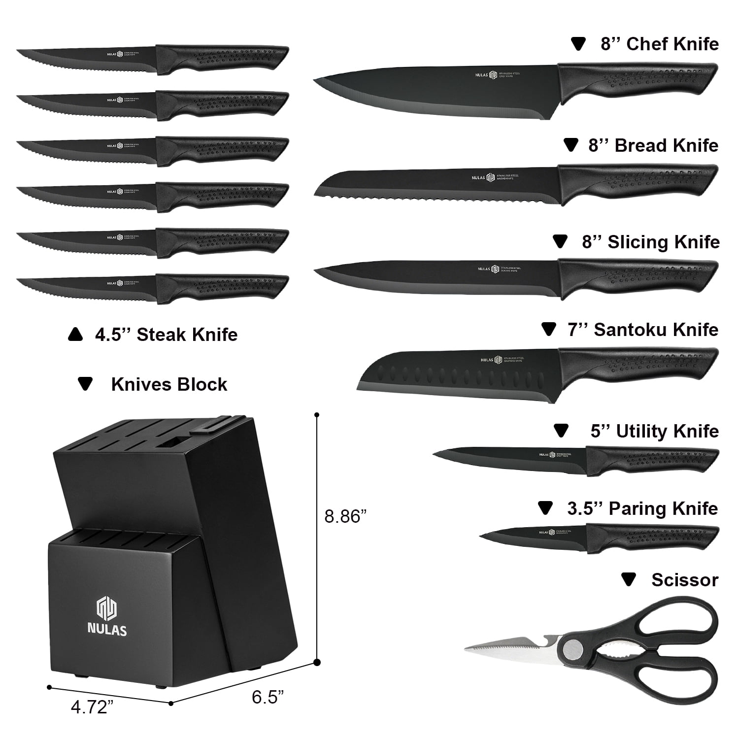 NULAS Knife Set, 14Piece Knife Sets for Kitchen with Block, Dishwasher Safe, Built in Sharpener Block, Black