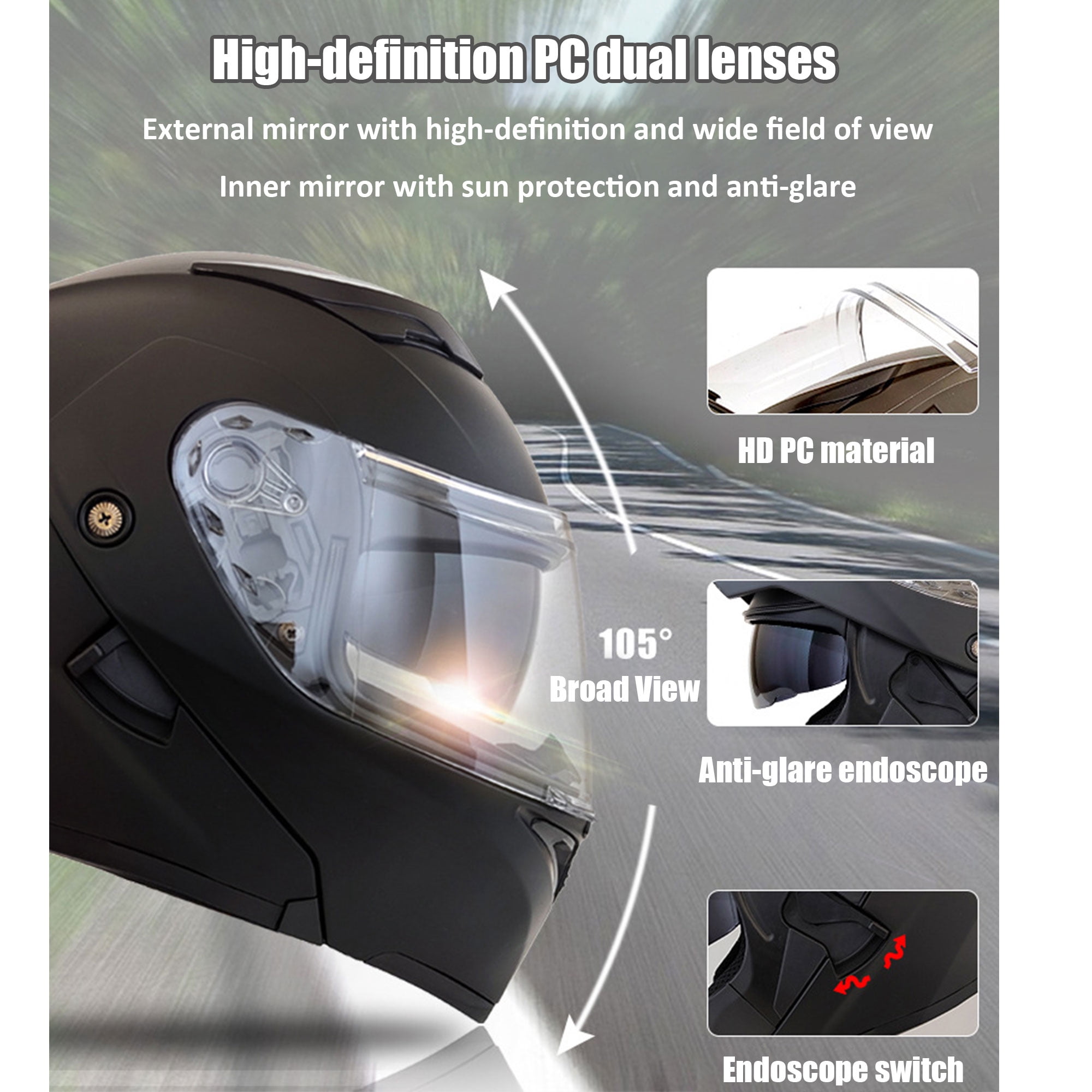 Modular Motorcycle Helmet Bluetooth Full Face Helmet, DOT Approved Full Face Flip Up Anti-Fog Helmets with Built-in Speakers & Microphone for Adults Men and Women, Lightweight & Comfortable